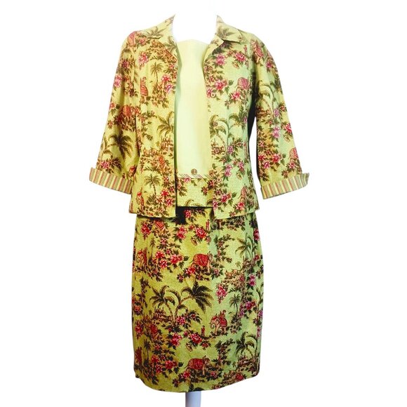 Sharon Young, SZ 12, 3 PC Suit, Skirt, Top & Jacket, Elephant & Palm Tree Print - Picture 1 of 16